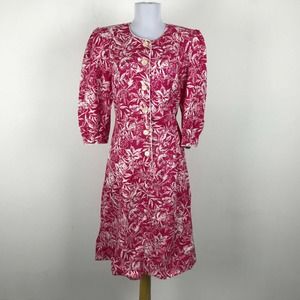 Vintage 80s Umba For Parnes Feinstein Dress Pink White Floral 3/4 Sleeve M/L